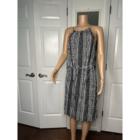 Loft Black White Marina Tie Striped Midi Dress Medium - Picture 2 of 8
